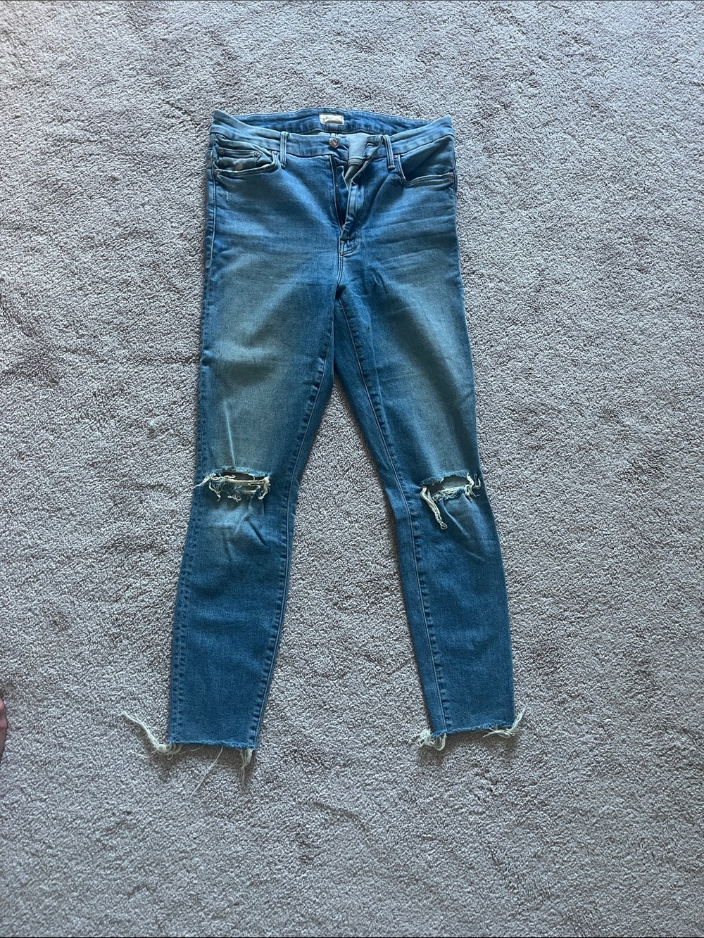 MOTHER Blue Distressed Skinny Jeans with Knee Rips